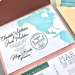 Destination Wedding Invitation Suite RSVP Boarding Pass Travel Tropical Dusty Rose Pink Green Save the Date image 6