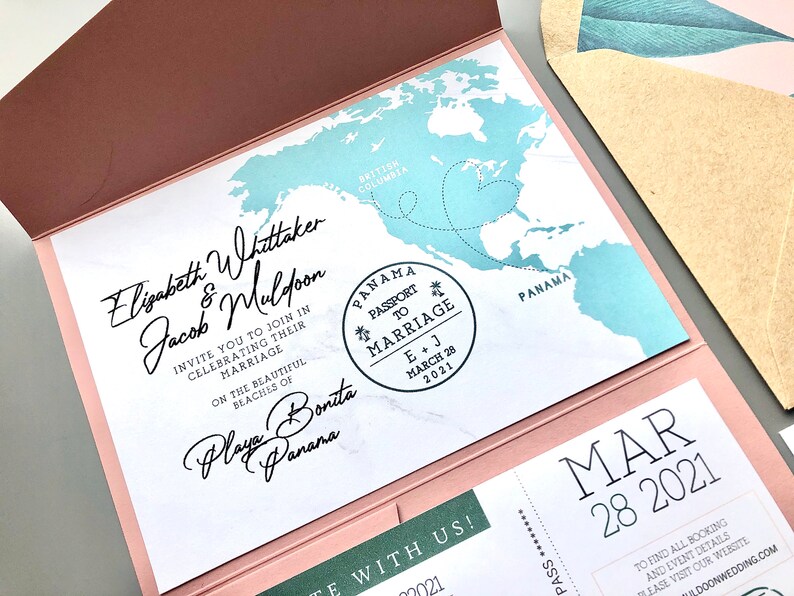 Destination Wedding Invitation Suite RSVP Boarding Pass Travel Tropical Dusty Rose Pink Green Save the Date image 6