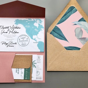 Destination Wedding Invitation Suite RSVP Boarding Pass Travel Tropical Dusty Rose Pink Green Save the Date image 4