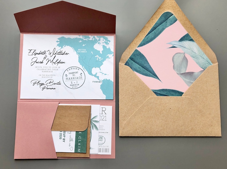 Destination Wedding Invitation Suite RSVP Boarding Pass Travel Tropical Dusty Rose Pink Green Save the Date image 4
