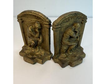 The Thinker Bookends Book Pair Metal Heavy Brass  Tone Vintage Home Decor