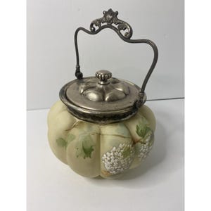Antique Mt Washington Melon Crown Milano Glass Biscuit Cracker Jar Floral