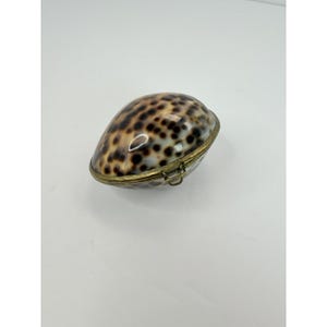 May include: A small, oval-shaped trinket box crafted from a polished cowrie shell with a natural brown and black spotted pattern. The shell is hinged with a metallic brass-toned rim and features a small, simple latch mechanism on the front side.