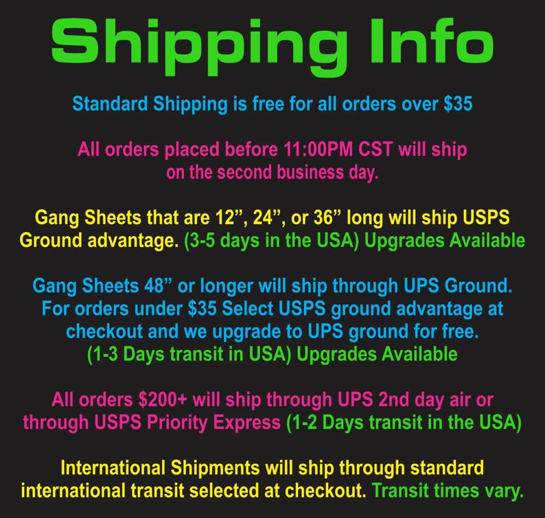 K&ouml;nnte beinhalten: Eine Grafik mit dem Text "Shipping Info" in gr&uuml;nen Buchstaben. Der Text beschreibt die Versandrichtlinien f&uuml;r Bestellungen &uuml;ber 35 $, Bestellungen, die vor 23:00 Uhr CST aufgegeben werden, und Bestellungen in verschiedenen Gr&ouml;&szlig;en. Der Text erw&auml;hnt auch kostenlose Upgrades auf den UPS-Bodentransport f&uuml;r Bestellungen unter 35 $.