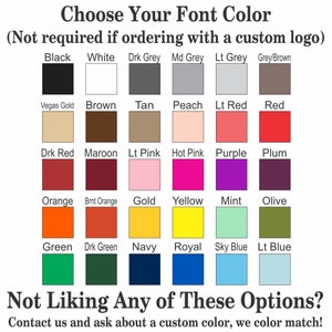 May include: A chart of font colors for a custom logo. The colors are arranged in rows and columns, with the names of the colors listed below each color swatch. The colors include black, white, gray, brown, tan, peach, red, pink, purple, orange, yellow, green, blue, and more.