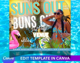 Editable "Suns Out, Buns Out" pool party flyer template