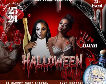 Könnte beinhalten: Ein Halloween-Party-Flyer mit zwei Personen mit thematischem Make-up, einer goldenen Champagnerflasche und einer Don Julio Tequila-Flasche. Der Text enthält Friday October 25 24, 25+ Event, DJ JAM und $5 Bloody Mary Special auf rotem Hintergrund.