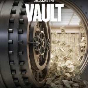 Könnte beinhalten: Buchcover mit dem Titel "Unlocking the Vault". Das Bild zeigt eine Tresortür, aus der Geld quillt. Der Text "The CEO's Guild to Building Passive Income with Digital Products" ist oben zu sehen.