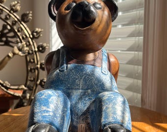 Vintage Wooden Hand Carved Bear In Dungarees