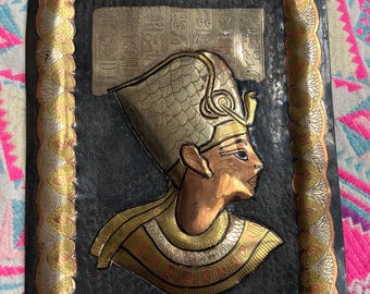 Vintage Swarovski Egyptian Cleopatra Wall Plaque, Silver Copper Brass Decor
