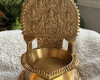 Brass Ashtalakshmi Vilakku Traditional Oil Lamp, Golden Lakshmi Diya for Pooja