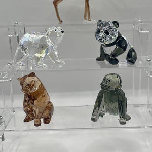 Könnte beinhalten: Eine Sammlung von Kristalltierfiguren, darunter ein Hirsch, ein Bär, ein Panda und ein Gorilla. Die Figuren werden auf transparenten Regalen präsentiert, die ihre komplizierten Details und reflektierenden Oberflächen hervorheben. Der Hirsch ist braun, der Bär ist klar, der Panda ist schwarz und weiß, und der Gorilla ist grau.