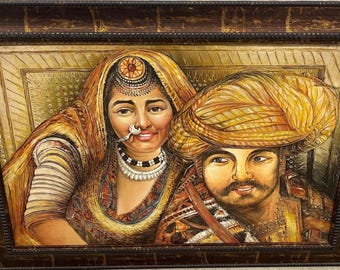 Rajasthani Painting, Vintage Oil Art Without Frame, Traditional Village Scene
