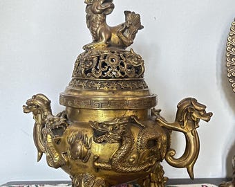 Incense Burner, Vintage Chinese Brass/Bronze Tripod Censer with Foo Dog Lion