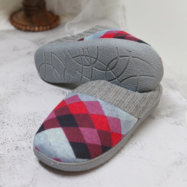 Sale! Women Indoor Outdoor Argyle Knit Fur Lined & Ribbed Hand-Knit Collar Slipper W/Memory Foam