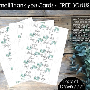 Op de afbeelding: Witte bedankkaarten met een eucalyptusontwerp en de tekst "Thank you for your purchase". De afbeelding bevat ook de tekst "Instant Download" en "Free Bonus".