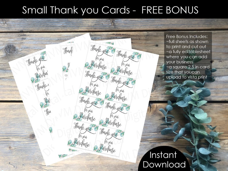 Op de afbeelding: Witte bedankkaarten met een eucalyptusontwerp en de tekst "Thank you for your purchase". De afbeelding bevat ook de tekst "Instant Download" en "Free Bonus".
