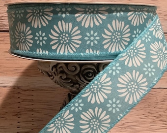 1.5" X 5 Yards Teal Ribbon With White Flowers - Wired Ribbon - Floral Ribbon - Spring Ribbon - Ribbon For Bows, Wreaths And Home Decor