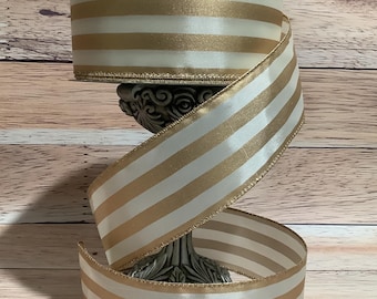 2.5" x 5 Yards Cream And Gold Striped Ribbon - Wired Ribbon - Horizontal Stripe - Ribbon For Bows, Wreaths And Home Decor