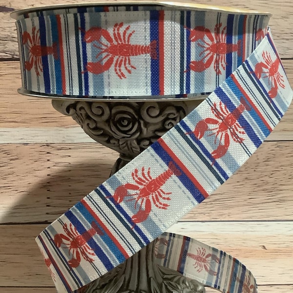 1.25" x 5 Yards Wired Ribbon - Crawfish-Crawdad Ribbon - Lobster Ribbon - Red, White And Blue Vertical Striped Ribbon