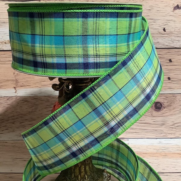 Spring Plaid Ribbon - Blue And Green Plaid Ribbon-Wired Ribbon-2.5" x 5 Yards-Ribbon For Bows, Wreaths, Home Decor-Doodlebug Lane Signs