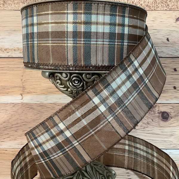 Brown Plaid Ribbon-Wired Ribbon-2.5" x 5 Yards-Christmas Ribbon-All Occasion Ribbon-Christmas, Birthday, Gift Baskets, Home Decor