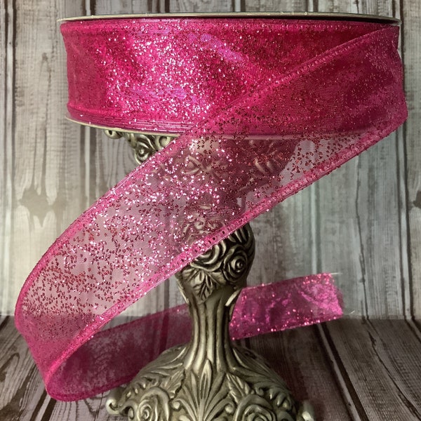 1.5" Pink Sheer Ribbon With Pink Glitter Speck - Christmas Ribbon-Easter Ribbon - Ribbon By The Yard - Wired Ribbon