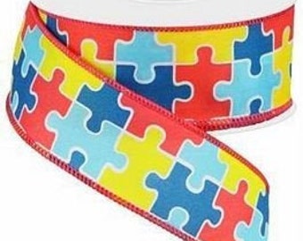 Wired Ribbon - Puzzle Pieces - Autism Awareness Ribbon - 1.5" x 10 yds - RG0181W5