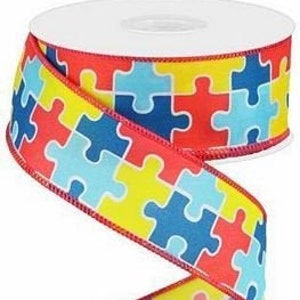 Wired Ribbon - Puzzle Pieces - Autism Awareness Ribbon - 1.5&quot; x 10 yds - RG0181W5