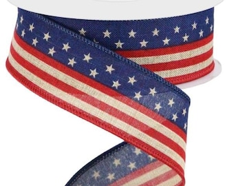 1.5" X 10 Yards Stars And Stripes On Royal-Wired Ribbon-Patriotic Ribbon-Doodlebug Lane Signs-Memoriald Day Ribbon-Veterans Day Ribbon