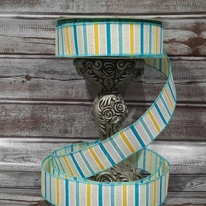 Cinta con alambre - Cinta de rayas - Cinta de primavera - Rayas azules y amarillas - 1.5” x 5 yardas - Cinta de Pascua - Cinta para toda ocasión