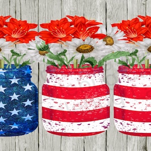 Patriotic Wreath Sign - Mason Jars - Stars And Stripes - Rectangular Sign - Metal Wreath Sign - Red White And Blue - Doodlebug Lane Signs