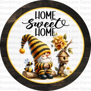 Home Sweet Home Gnome Wreath Sign - Bee Wreath Sign - Black And Yellow Bee Gnome Sign - Round Aluminum Sign
