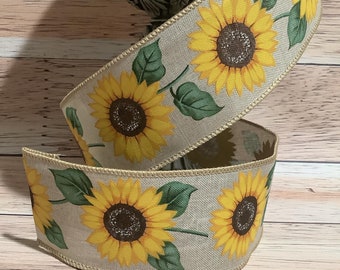 2.5" x 5 Yards Sunflower Wired Ribbon - Fall Ribbon - Spring Ribbon - Floral Ribbon - Ribbon For Bows, Wreaths And Home Decor