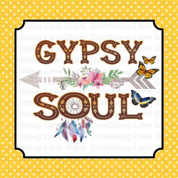 Gypsy Soul Boho Wreath Sign-Floral Arrow-Dream Catcher-Butterflies-Square Wreath Sign-Metal Wreath Sign-Doodlebug Lane Signs