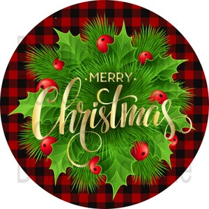 Christmas Wreath Sign-Merry Christmas-Holly Leaves And Berries-Red And Black Buffalo Plaid-Round Sign-Metal Wreath Sign-Doodlebug Lane Signs