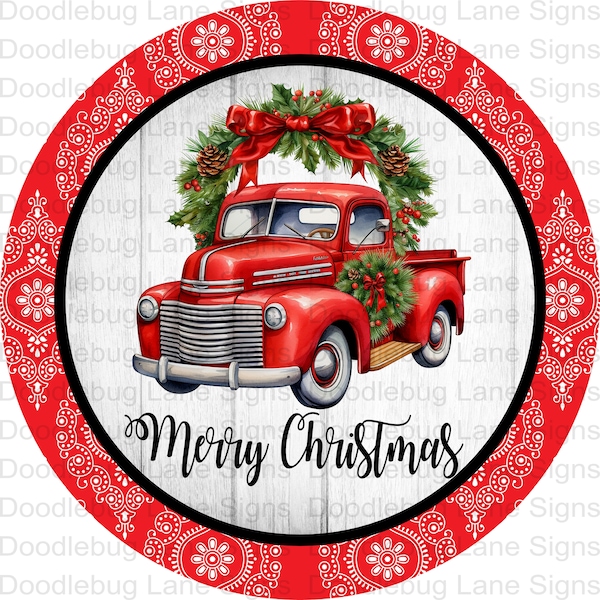 Merry Christmas Wreath Sign-Vintage Red Truck Christmas Sign-Christmas Truck-Round Wreath Sign -Metal Wreath Sign-Doodlebug Lane Signs