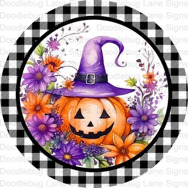 Halloween Wreath Sign-Happy Halloween-Jack O Lantern Wreath Sign- Witch Hat- Round Wreath Sign-Metal Wreath Sign