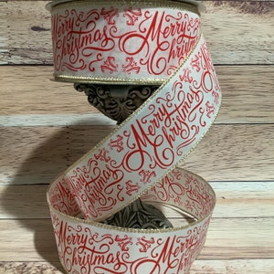 Christmas Wired Ribbon - Merry Christmas Ribbon - Red And White - 2.5&quot; x 5 Yards - Ribbon For Bows, Wreaths And Home Decor