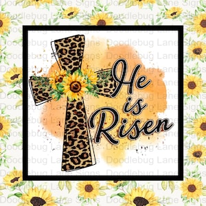 Easter Wreath Sign-He Is Risen-Leopard Print Cross-Sunflowers-Square Wreath Sign-Metal Wreath Sign-Doodlebug Lane Signs