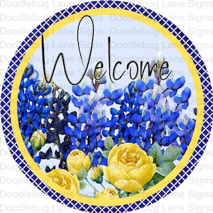 Señales de corona de bienvenida - azul y amarillo - señal de corona de bienvenida floral - señal de corona redonda - señal de corona de metal - señales de carril Doodlebug