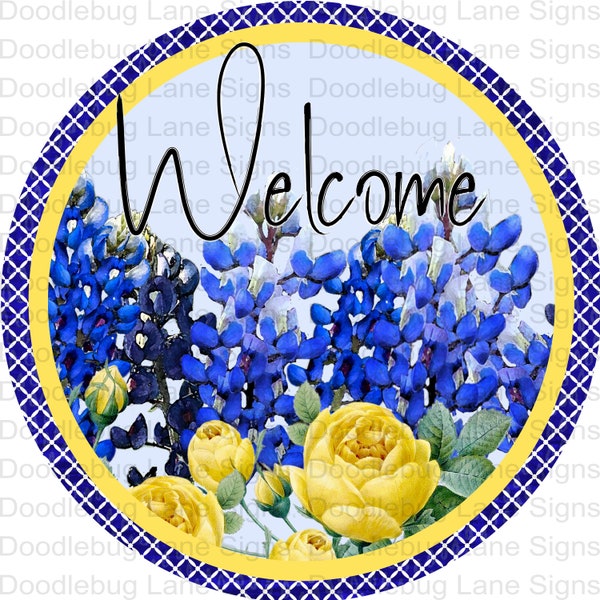 Welcome Wreath Signs - Blue And Yellow - Floral Welcome Wreath Sign - Round Wreath Sign - Metal Wreath Sign - Doodlebug Lane Signs