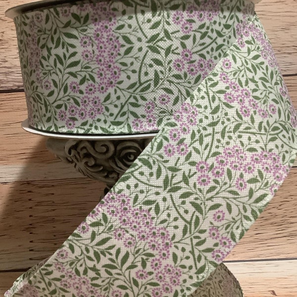 2.5" x 5 Yards Spring Floral Print Wired Ribbon - Lavender And Green - Ribbon For Bows, Wreaths And Home Decor