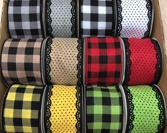 2.5" x 10 Yards Wired Ribbon Assortment-Swiss Dot & Check Ribbon-Assorted Box Of 12-Doodlebug Lane Signs-RW8007