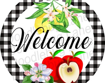 Metal Wreath Sign-Lemon Decor-Apple Decor-Summer Wreath Decor-Welcome Wreath Sign-Buffalo Plaid-Round Sign