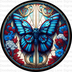 Faux Stained Glass Butterfly Wreath Sign - Red White And Blue Butterfly Sign - Stained Glass Wreath Sign - Round Wreath Sign - Aluminum Sign