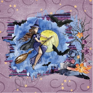 Witch Night Sky-Halloween Sign-Black Bat-Wicked Witch-Flying Witch-Witches Hat-Metal Wreath Sign-Square Sign-Doodlebug Lane Signs