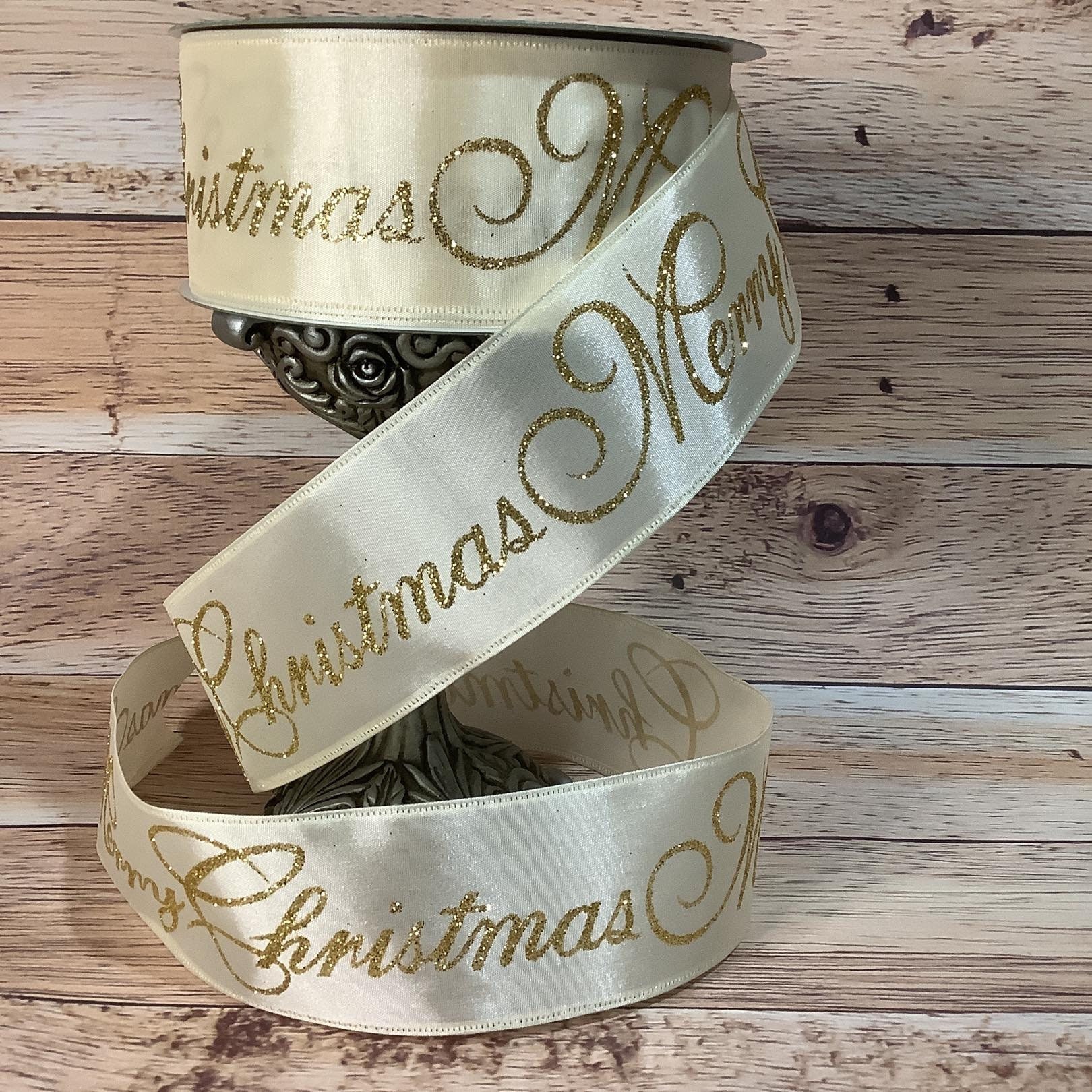 1.5 inch Silver & Gold Vertical Stripes on Cream Satin Ribbon