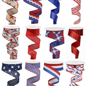 1.5&quot; x 10 yards Patriotic Wired Ribbon Assortment - Ribbon Box - Box Of 12 Rolls - Patriotic Ribbon Assortment - Red, White And Blue Ribbon