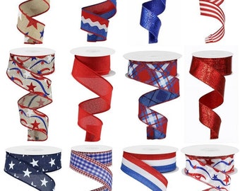 1.5" x 10 yards Patriotic Wired Ribbon Assortment - Ribbon Box - Box Of 12 Rolls - Patriotic Ribbon Assortment - Red, White And Blue Ribbon